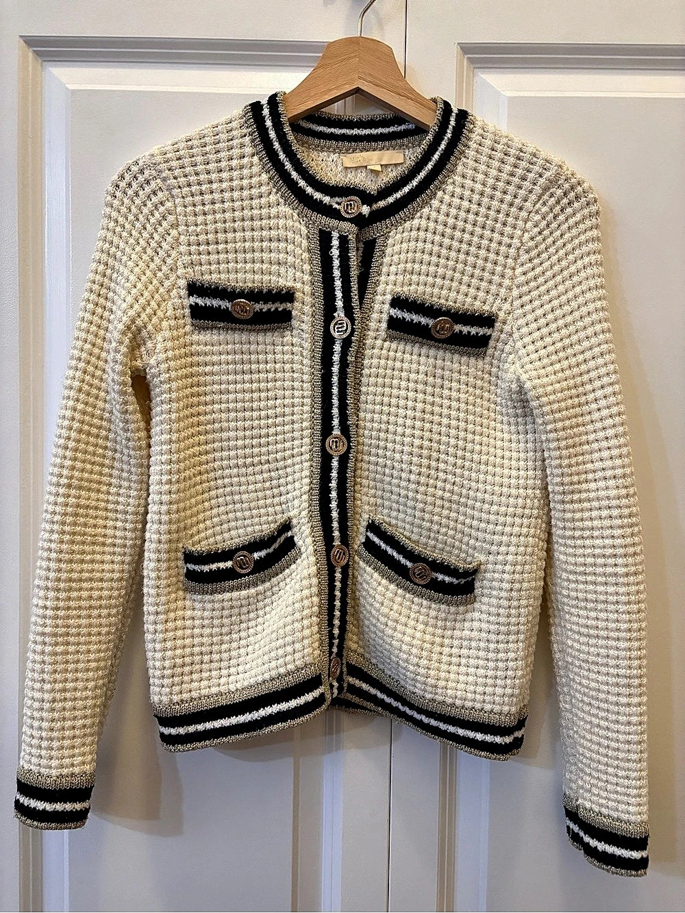 Maje Maquette Waffle-Knit Blend Cardigan Cream & Black
